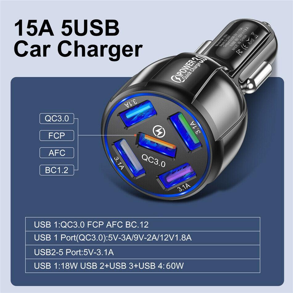 White 5-Port USB Fast Car Charger with LED, 10FT iPhone Cable - Quick