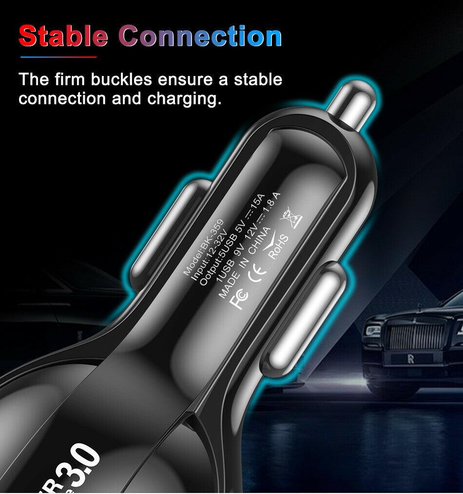 Black 4 Port LED Fast Car Charger and  6FT Charger Compatible for