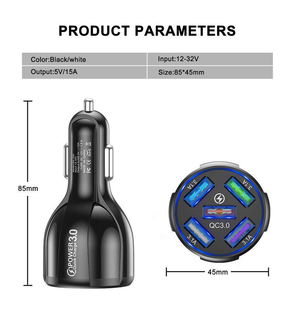 2 Pack PBG 5 Port USB Fast Car Charger with LED Display Charge 5