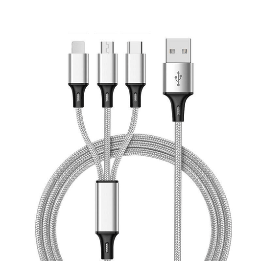 3-in-1 Nylon Braided 4FT 3A Charging Cable (8Pin, Type-C, Micro USB)